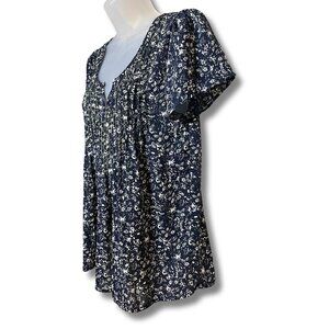 Alya Navy Floral Peasant Blouse Boho Flowy Short Sleeve